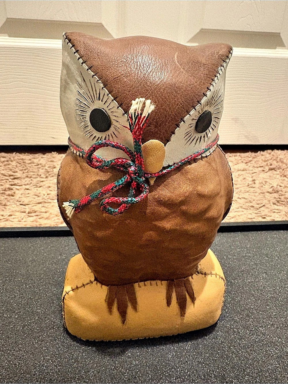 Vintage 100% handcrafted stitched leather owl figurine